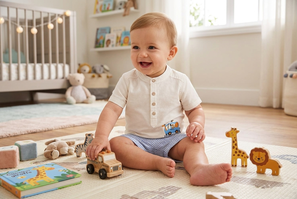 Striped Safari Bus Set – Boys Cotton T-Shirt & Striped Shorts Set