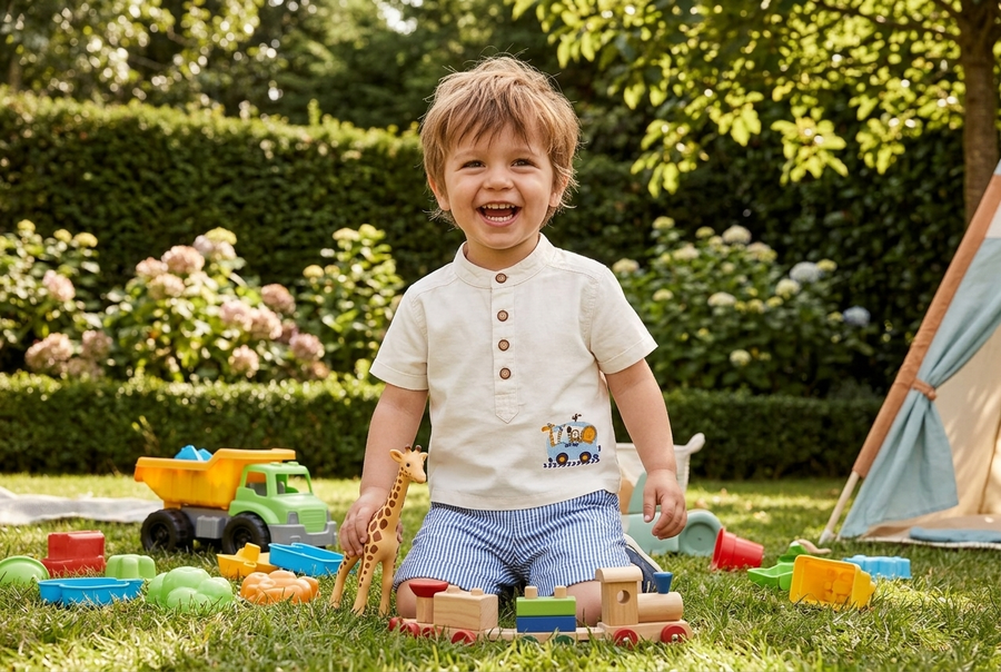 Striped Safari Bus Set – Boys Cotton T-Shirt & Striped Shorts Set