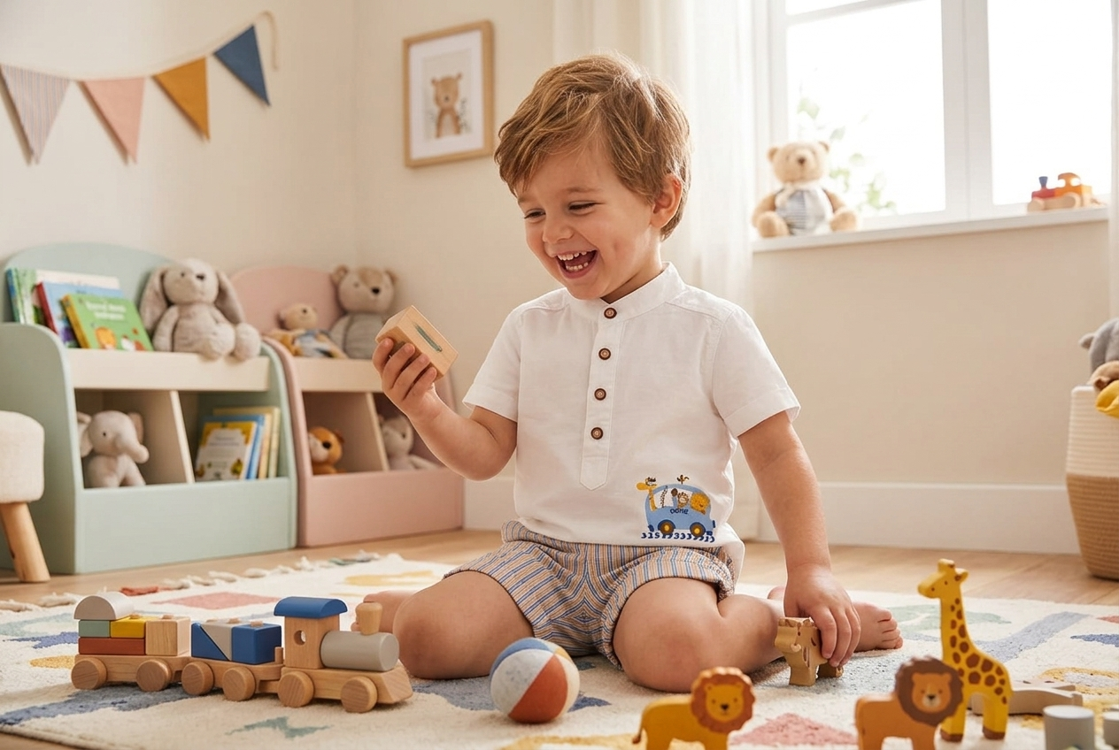 Striped Safari Bus Set – Boys Cotton T-Shirt & Striped Shorts Set