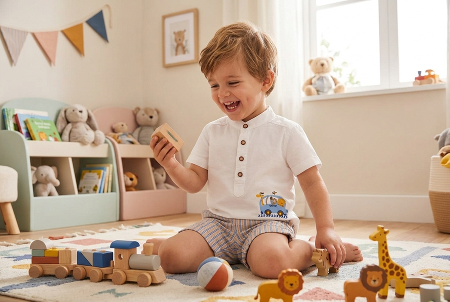 Striped Safari Bus Set – Boys Cotton T-Shirt & Striped Shorts Set