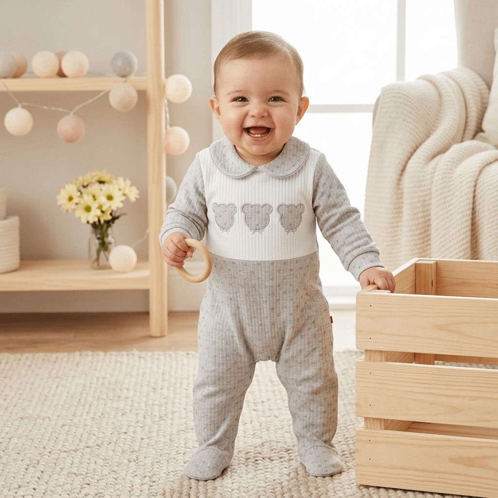 Unisex Knitted Footed Baby Romper with Ruffle Collar – Soft Cotton One-Piece Sleepsuit