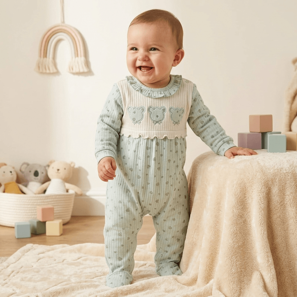Unisex Knitted Footed Baby Romper with Ruffle Collar – Soft Cotton One-Piece Sleepsuit