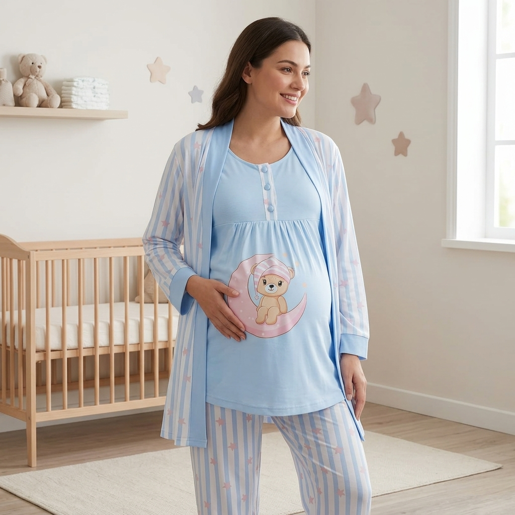 Moonlit Teddy Maternity & Nursing Pajama Set – 3 Pieces
